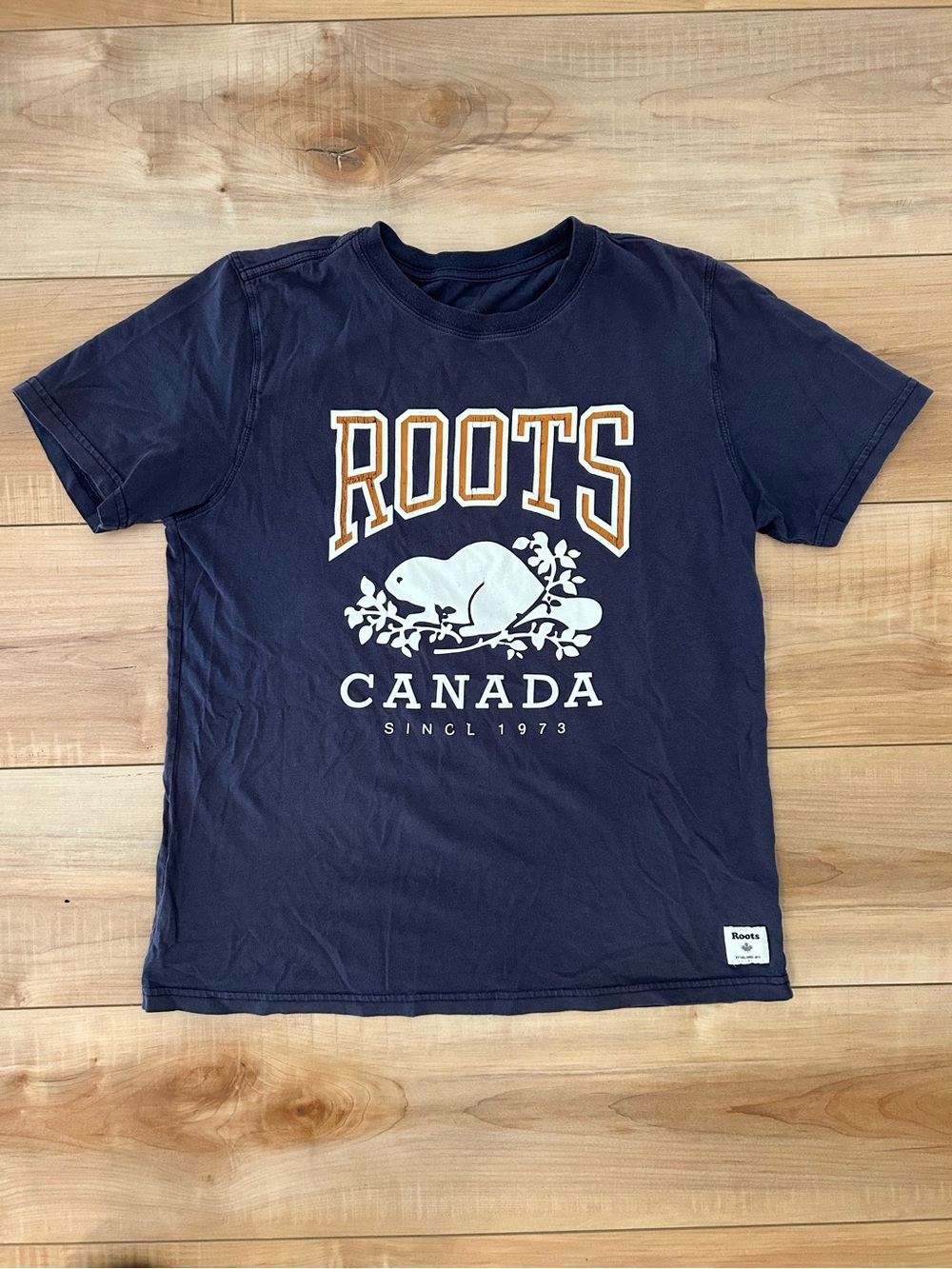 Roots Canada Navy Kids T‑Shirt with White & Orange Logo